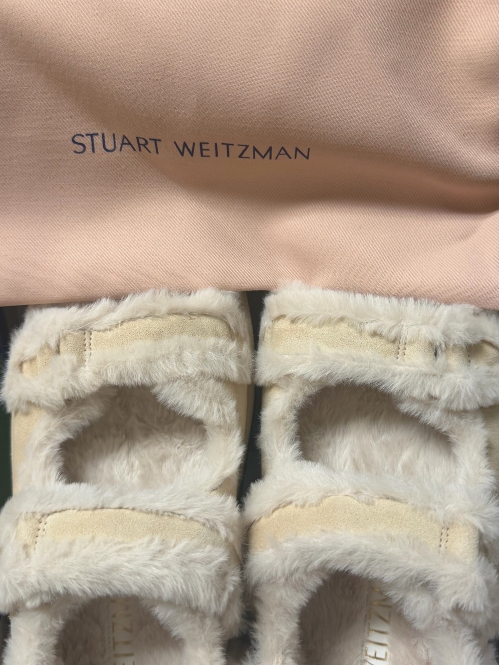Stuart Weitzman Cream Faux-Fur Slide Slippers